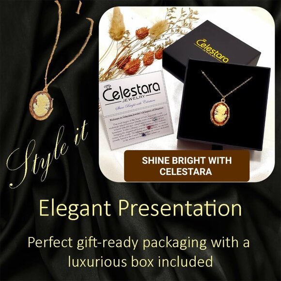 Gold-Plated Victorian Cameo Necklace Vintage Amber Pendant Bead Chain Gift Box - Picture 7 of 7